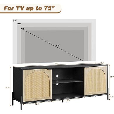 Rattan TV Stand for 75" TVs, Mid-Century Modern Console with Adjustable Shelf