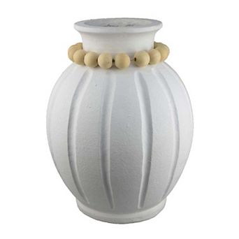 Nehu Decorative Vase, Beaded Neck Details, 16 Inch White Resin