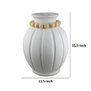 Nehu Decorative Vase, Beaded Neck Details, 16 Inch White Resin