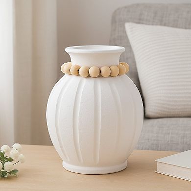 Nehu Decorative Vase, Beaded Neck Details, 16 Inch White Resin