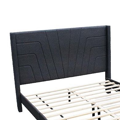 Nny Queen Size Bed With Tufted Headboard, Charcoal Burlap Upholstery, Wood