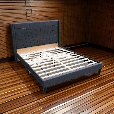 Nny Queen Size Bed With Tufted Headboard, Charcoal Burlap Upholstery, Wood