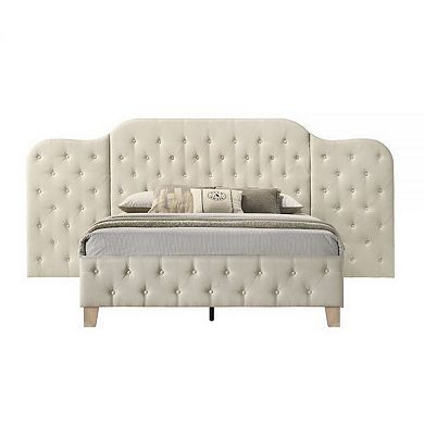 Ronny Inch Queen Size Bed, Wall Headboard, Beige Linen Tufted Upholstery