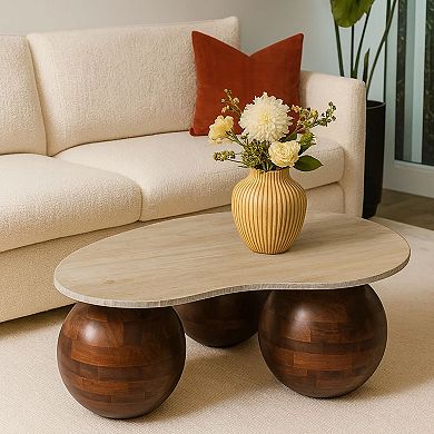 Resh Accent Coffee Table, Curved Natural Travertine Top, Round 3 Balls Wood Base