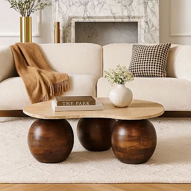 Resh Accent Coffee Table, Curved Natural Travertine Top, Round 3 Balls Wood Base