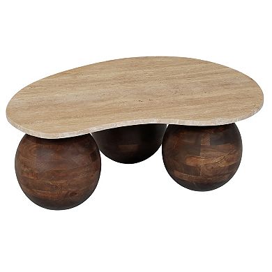 Resh Accent Coffee Table, Curved Natural Travertine Top, Round 3 Balls Wood Base