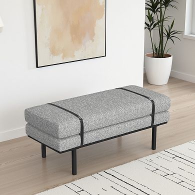 Bench, Black Metal Base, Gray Boucle and Yarn, Faux Leather, 46 Inch