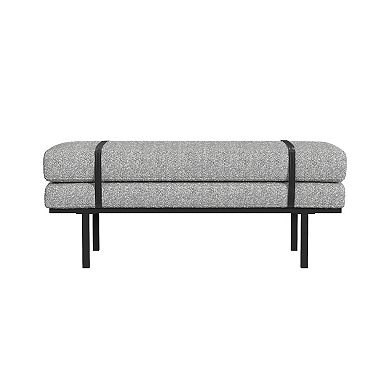 Bench, Black Metal Base, Gray Boucle and Yarn, Faux Leather, 46 Inch