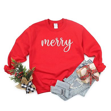 Embroidered Merry Cursive White Thread - Women's Graphic Sweatshirt