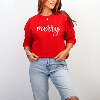Embroidered Merry Cursive White Thread - Women's Graphic Sweatshirt