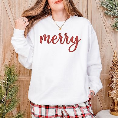 Embroidered Merry Cursive Red Thread - Women's Garment Dyed Graphic Sweatshirt