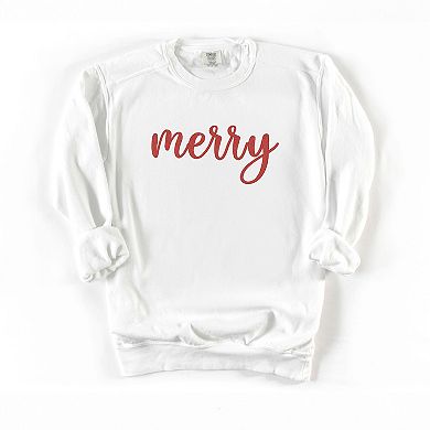Embroidered Merry Cursive Red Thread - Women's Garment Dyed Graphic Sweatshirt