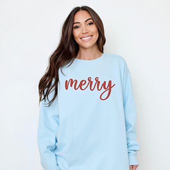Embroidered Merry Cursive Red Thread - Women's Garment Dyed Graphic Sweatshirt