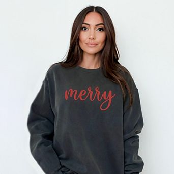 Embroidered Merry Cursive Red Thread - Women's Garment Dyed Graphic Sweatshirt
