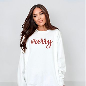 Embroidered Merry Cursive Red Thread - Women's Garment Dyed Graphic Sweatshirt