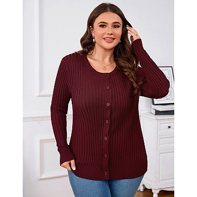 Women's Plus Size Long Sleeve Open Front Cardigan Knit Button Down Sweater Coat Soft Round Neck