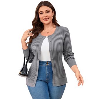 Women's Plus Size Long Sleeve Open Front Cardigan Knit Button Down Sweater Coat Soft Round Neck