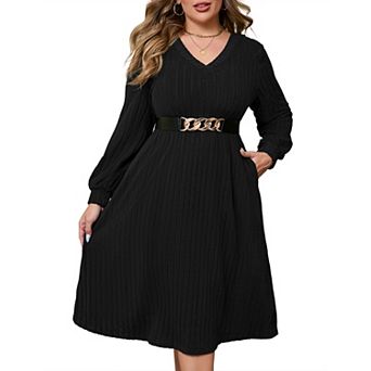 Women's Plus Size Sweater Dress V-Neck and Bell Sleeves Long Ribbed Knit Dress with Pockets
