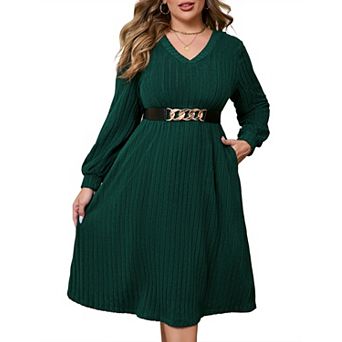 Women's Plus Size Sweater Dress V-Neck and Bell Sleeves Long Ribbed Knit Dress with Pockets