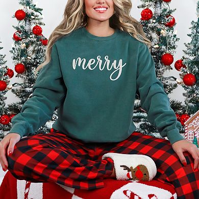 Embroidered Merry Cursive White Thread - Women's Garment Dyed Graphic Sweatshirt