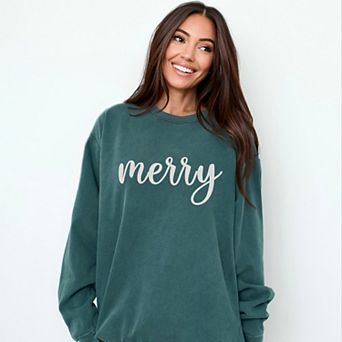 Embroidered Merry Cursive White Thread - Women's Garment Dyed Graphic Sweatshirt