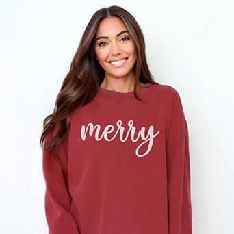 Embroidered Merry Cursive White Thread - Women's Garment Dyed Graphic Sweatshirt