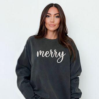 Embroidered Merry Cursive White Thread - Women's Garment Dyed Graphic Sweatshirt