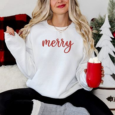Embroidered Merry Cursive Red Thread - Women's Graphic Sweatshirt
