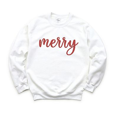 Embroidered Merry Cursive Red Thread - Women's Graphic Sweatshirt
