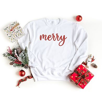 Embroidered Merry Cursive Red Thread - Women's Graphic Sweatshirt
