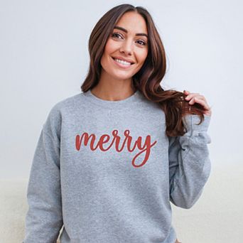 Embroidered Merry Cursive Red Thread - Women's Graphic Sweatshirt