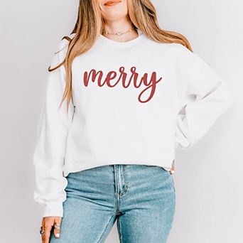 Embroidered Merry Cursive Red Thread - Women's Graphic Sweatshirt