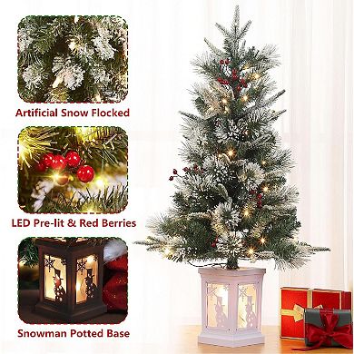 IDEALHOUSE Christmas Tree 3ft Pre-Lit Flocked Artificial, 78 LEDs, Snowman Base, 2-Pack