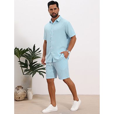 Men's 2 Pieces Sets Beach Short Sleeve Shirt & Shorts Striped Textured Outfits