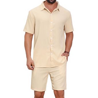 Men's 2 pc Sets Beach Short Sleeve Shirt & Shorts Striped Textured Outfits