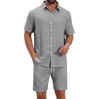 Men's 2 pc Sets Beach Short Sleeve Shirt & Shorts Striped Textured Outfits