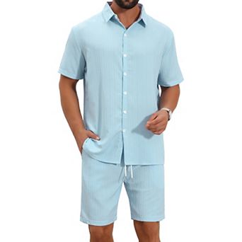 Men's 2 pc Sets Beach Short Sleeve Shirt & Shorts Striped Textured Outfits