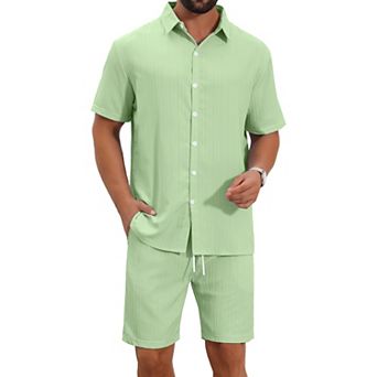 Men's 2 pc Sets Beach Short Sleeve Shirt & Shorts Striped Textured Outfits