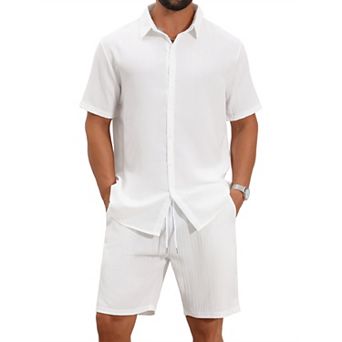 Men's 2 pc Sets Beach Short Sleeve Shirt & Shorts Striped Textured Outfits