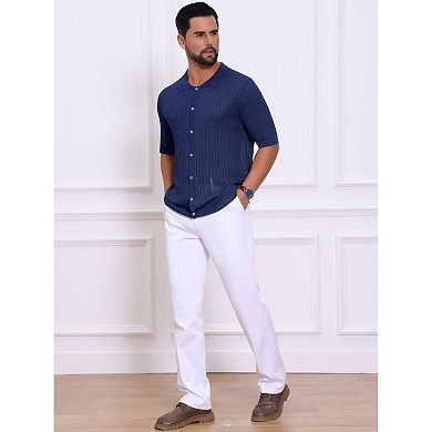 Striped Shirt for Men's Summer Short Sleeve Knitted See Through Shirts