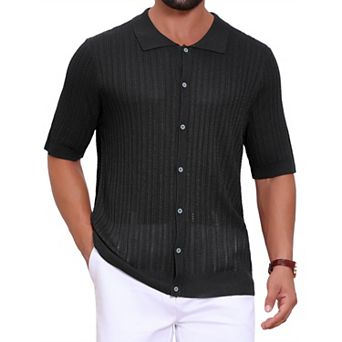 Striped Shirt for Men's Summer Short Sleeve Knitted See Through Shirts