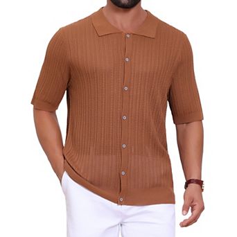 Striped Shirt for Men's Summer Short Sleeve Knitted See Through Shirts