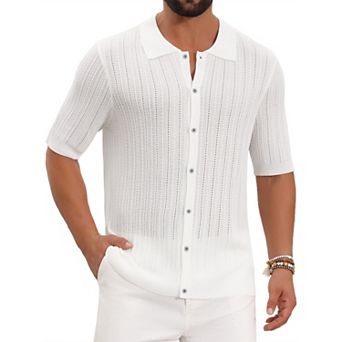 Striped Shirt for Men's Summer Short Sleeve Knitted See Through Shirts