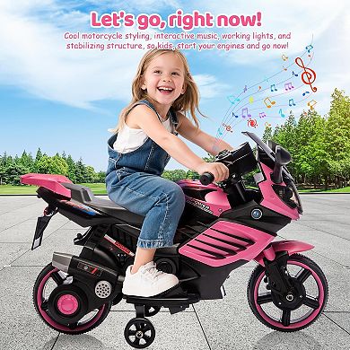 6V Kids Electric Motorcycle w/Treaded Tires, Training Wheels, Horn, Headlight & Music for Ages 3-6
