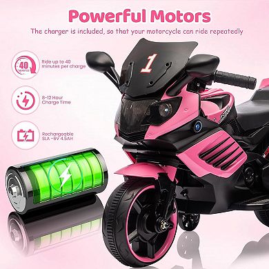 6V Kids Electric Motorcycle w/Treaded Tires, Training Wheels, Horn, Headlight & Music for Ages 3-6