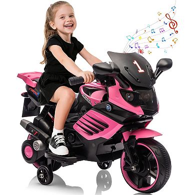 6V Kids Electric Motorcycle w/Treaded Tires, Training Wheels, Horn, Headlight & Music for Ages 3-6
