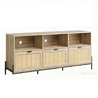 75" Wooden TV Stand with Rattan Doors, 3 Drawers & Metal Legs, Media Console