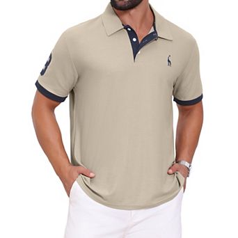Men's Pattern Pique Polo Shirt Contrast Color Short Sleeve Golf Polo Shirts
