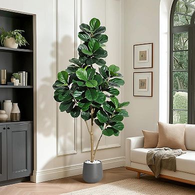 Faux Fiddle Leaf Fig Tree in White Pot - 7.8" Realistic Artificial Plant for Home Office Decor