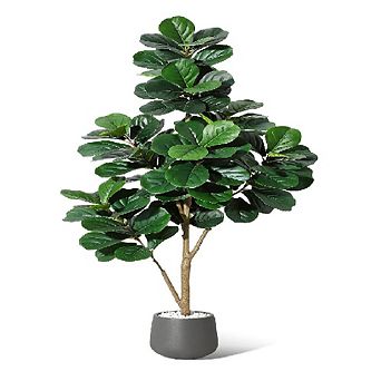 Faux Fiddle Leaf Fig Tree in White Pot - 7.8" Realistic Artificial Plant for Home Office Decor